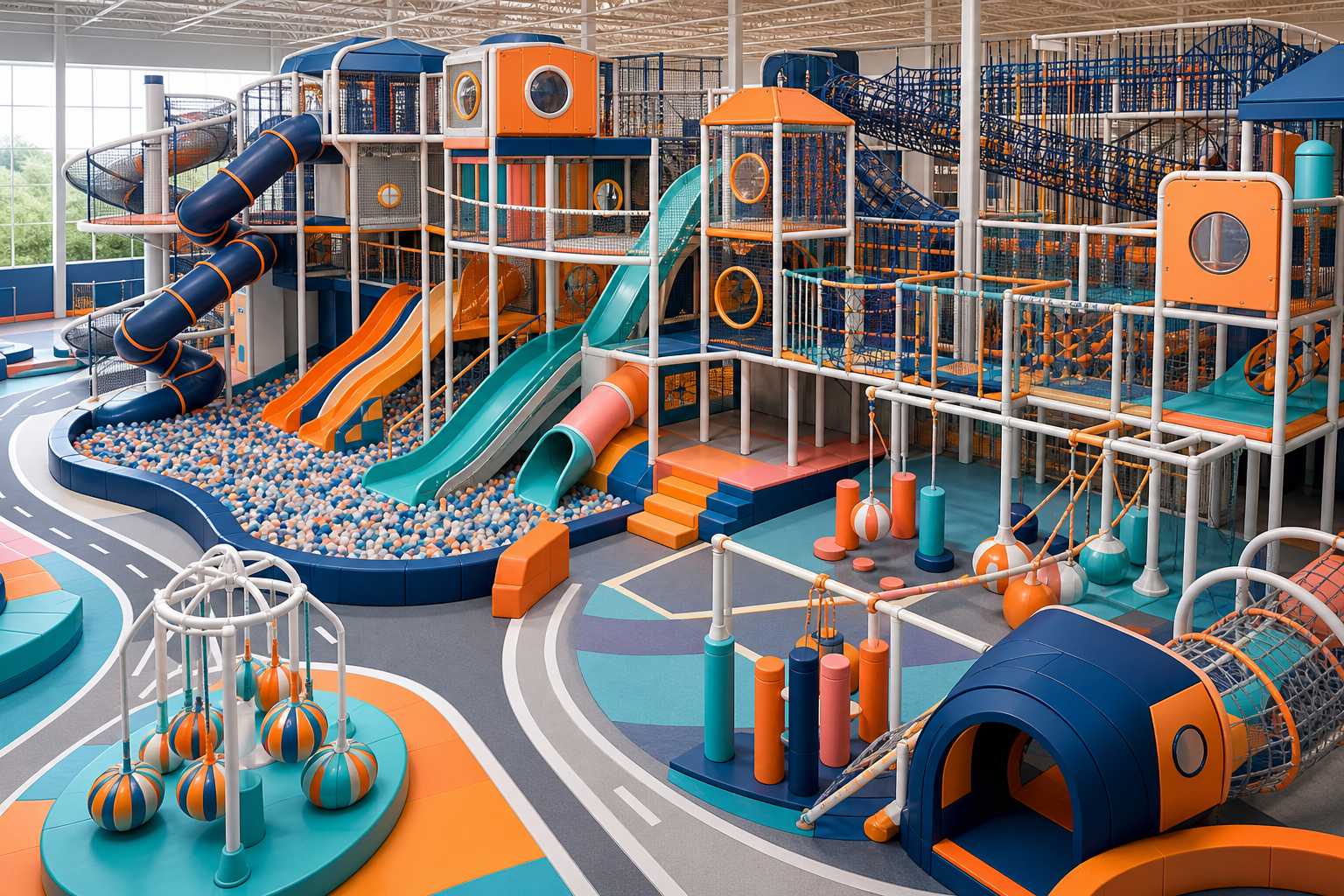 Bright, colorful multi-level commercial indoor playground concept