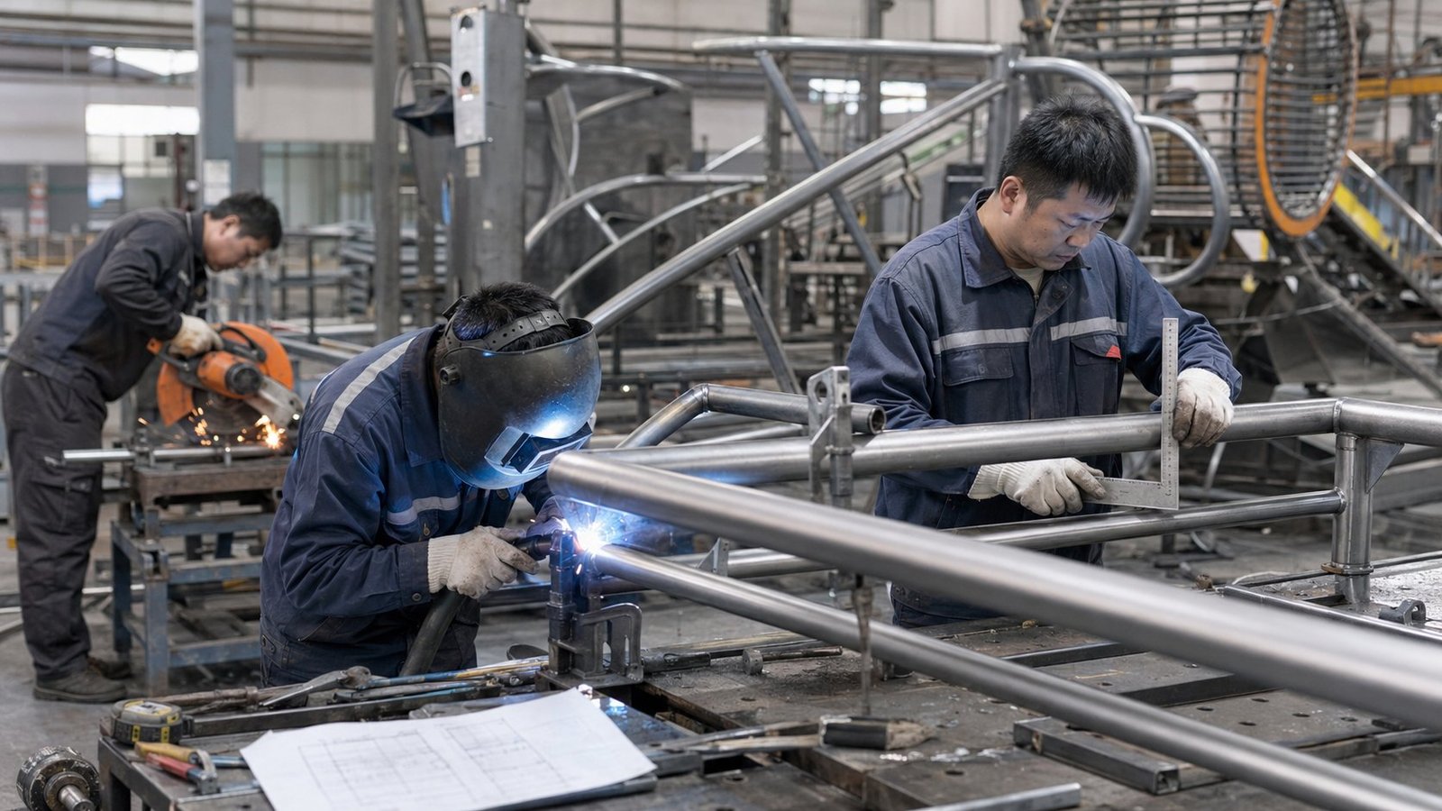Technicians welding and measuring playground steel frames in the metal fabrication workshop