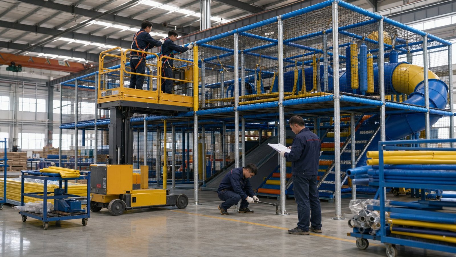 FUNSCAPE team assembling and inspecting a full-size indoor playground structure in the factory