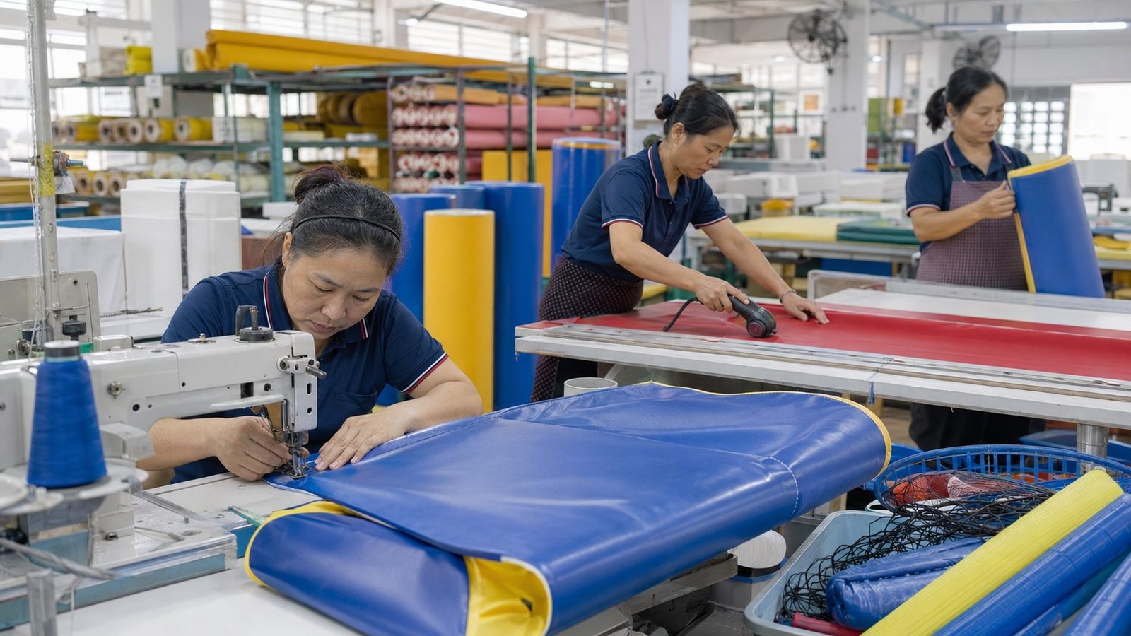 Factory team sewing and preparing colorful padded playground materials